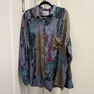 VTG Goouch Shirt Mens XL Abstract Art Print 100% Silk Long Sleeve 90sButton Down